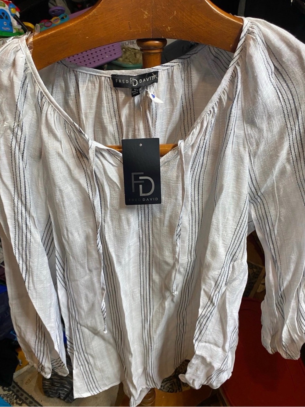 Fred David White Peasant Blouse with Black Stripes